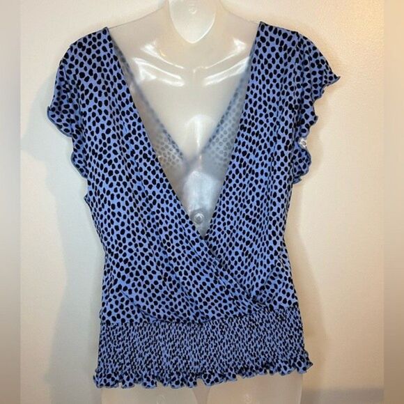 Lascana Blue Printed Smocked Wrap Look Top Size 8/10 - Picture 2 of 8